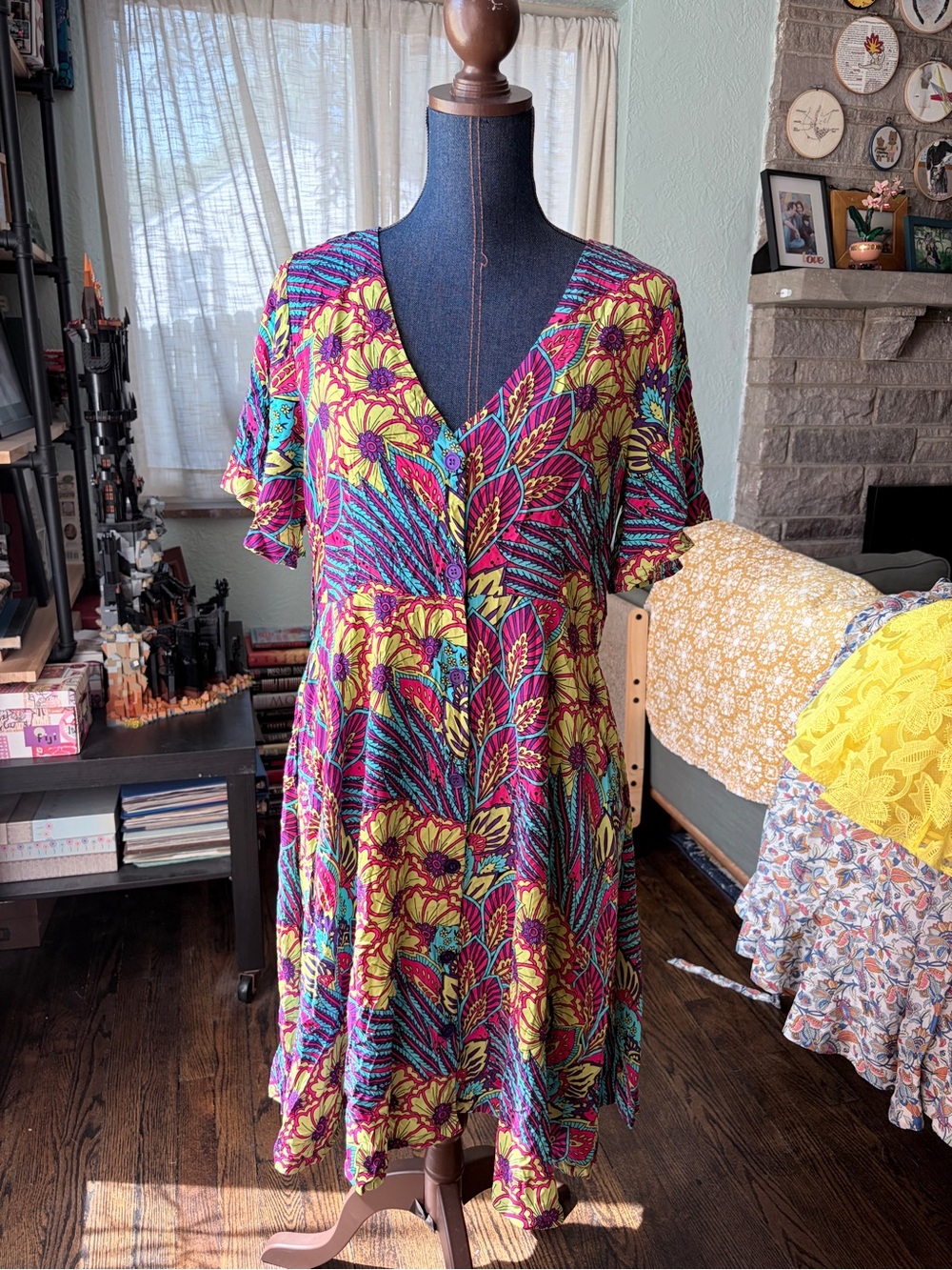 Vibrant Floral Midi Dress with Button Front